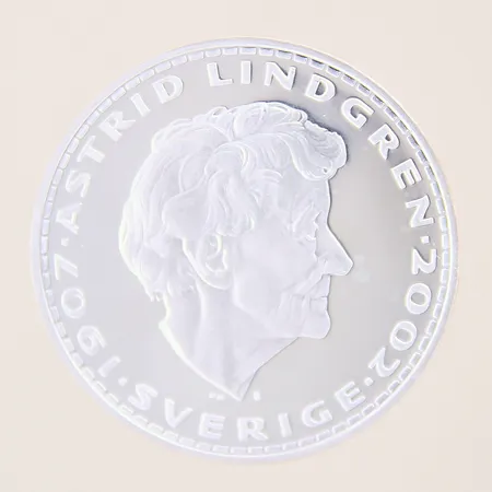 Minnesmynt, Astrid Lindgren 1907-2002, Ø40mm, Karlsson på taket 1955, nickelpläterad koppar, plast etui