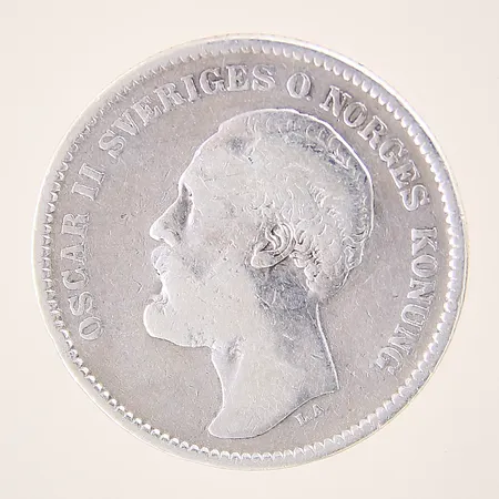 Mynt, 2 kronor, Oscar II Sveriges och Norges konung, Ø31mm, Brödrafolkens väl, år 1878, silver 800/1000 Vikt: 14,6 g