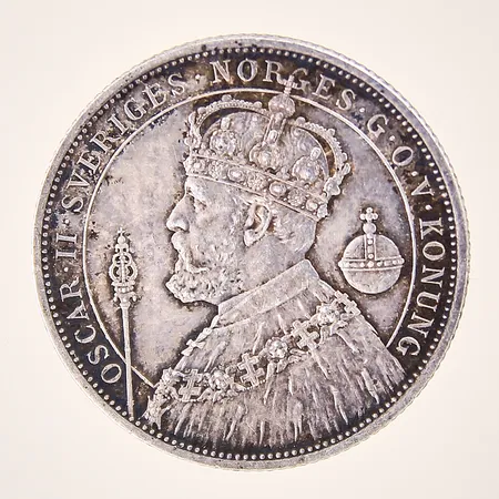 Mynt, 2 kronor, Oscar II Sveriges och Norges konung, Ø31mm, Minne af tjugofemårig regering, plast etui, silver 800/1000 Vikt: 15 g