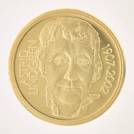 Minnesmynt, Pippi Långstrump/Astrid Lindgren 1907-2002, Ø36mm, nominellt värde 50kr, aluminiumbrons-legering, plastetui