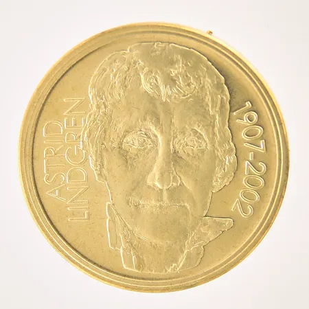 Minnesmynt, Pippi Långstrump/Astrid Lindgren 1907-2002, Ø36mm, nominellt värde 50kr, aluminiumbrons-legering, plastetui