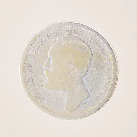 Mynt, 1 krona, Oscar II Sveriges och Norges konung, Ø25mm, Brödrafolkens väl, år 1884, plastetui, silver 800/1000 Vikt: 7,1 g