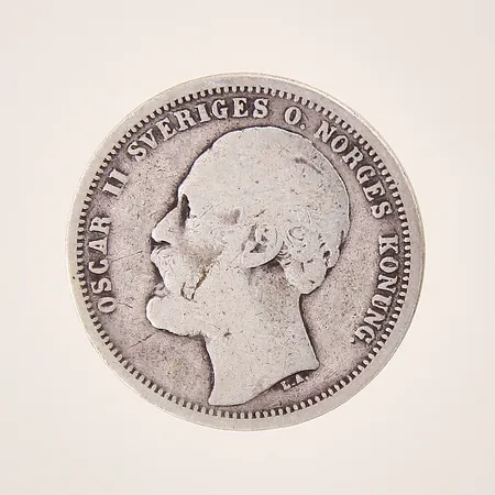 Mynt, 1 krona, Oscar II Sveriges och Norges konung, Brödrafolkets Väl, 1875, Ø25mm, silver 800/1000  Vikt: 7,1 g