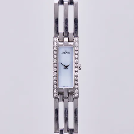  Damur Movado Esperanza, stål, quartz, ca 14mm, pärlemorurtavla, diamanter ca 28x0,015ct, refnummer: 84H51400S, serienummer: 7441941,  stållänk ca 18,5cm, batteribyte krävs, inga tillbehör