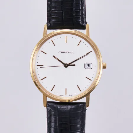 Herrur Certina 18K, graverad, quartz, i behov av batteribyte, står stilla, Ø 34mm, EOL 158 9289 68, med läderband, 18K