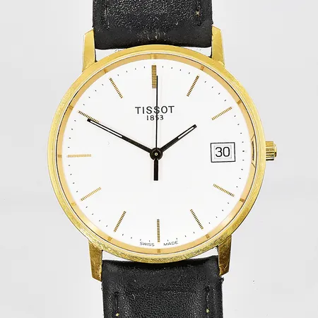 Herrur Tissot, Ø 33mm, 18K, quartz, datum, batteribyte behövs, graverad boett, läderband, medföljande original ask