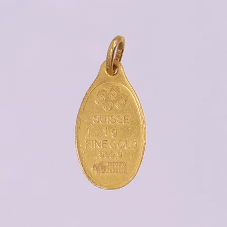 Hänge guldtacka Suisse 1g fine gold 999,9, ögla i 18K, 21,5x9mm ink ögla, 24K bruttovikt 1,2g