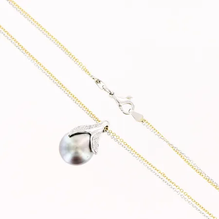 Collier, hänge med grå pärla, diamanter 15 x ca 0,01ct, 22mm, vitguld, dubbelradig Ärtlänk i vitguld/gulguld,  42cm, 18K, bruttovikt 9,2gram Vikt: 9,2 g
