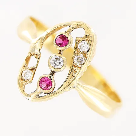 Ring, rosa och vita stenar, stl 17¾, en sten saknas, gravyr, 18K Vikt: 2 g