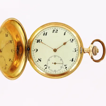 Fickur Savonette, 14K, manuell, Ø53mm, innerboett i metall, boett nr 60/7885, bruttovikt 101,1g, smärre bucklor/tilltryckningar.