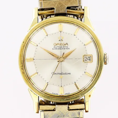 Herrur Omega Constellation, Pie-Pan, stål/guld, automatisk, Ø34mm, originalglas med repor, slitage på uppdragskrona, länk i gulmetall ej original, 20cm, box.