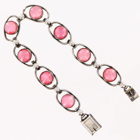 Armband 19cm, bredd 11mm, rosa cabochonslipade stenar, svensk importstämpel, sterling, Danmark, silver 925/1000. Vikt: 17,6 g