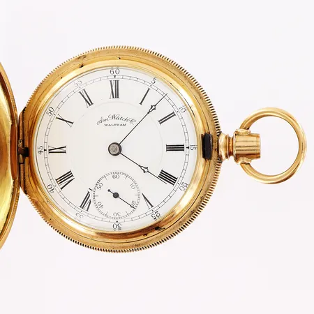Fickur Am.Watch Co.. Waltham, savonette, 14K i ytterboetter, 14K i innerboett, Ø55cm, uppdragskrona saknas, boett nr 54458, verk nr 3275892, ej funktionstestad, bruttovikt 182,8g, inga tillbehör.