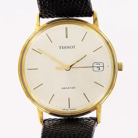 Herrur Tissot Seastar, 14K, quartz, Ø34mm,vit urtavla,  datum, original läderband 23cm, bruttovikt 29g, box.