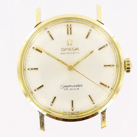 Herrur Omega Seamaster De Ville, guld på stål, automatisk, Ø34mm, vit urtavla, originalglas med repor, länk saknas, bruttovikt 27,7g inga tillbehör.