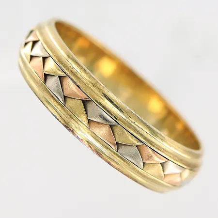 Ring, stl 20¾, vit/röd/gulguld, bredd 5,5mm, 14K Vikt: 6,5 g