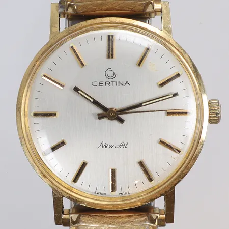 Herrur Certina New Art 14K Ø34mm, boett nr 851.381065, manuell uppdragning (går ej), ca 1960-tal, guld i boett, flexlänk i stål, bruttovikt 54,6g