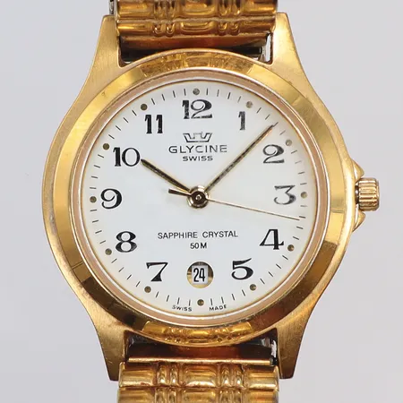Damur Glycine Ø27mm,  ref nr 3689, quartz (går ej), med datum, ca 1990-tal, något trög krona (möjligt servicebehov) med flexlänk 