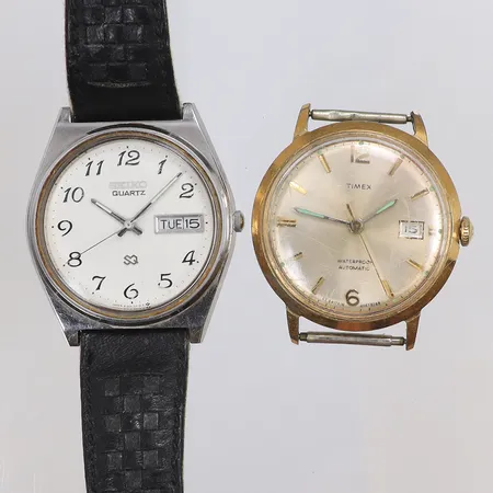 2st Herrur Seiko SQ 6123-7230, samt Timex Ø34-34,5mm, quartz (går ej, trolgien batteribyte) och automat (defekt går ej), ena med defekt läderband, repiga glas, 