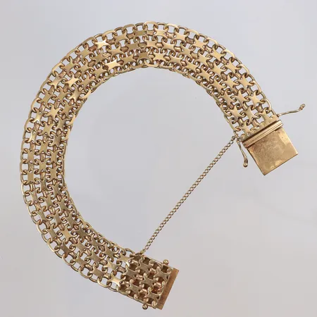 Armband x-länk med säkerhetskedja, ca 20cm, bredd 15mm, BEF, ((Nordiska Guldvaru-Aktiebolaget, Malmö, 1961) 18K  Vikt: 35,7 g