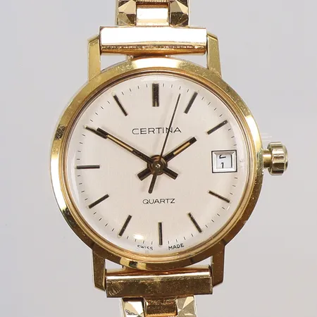 Damur Certina 18K Ø22mm, boett nr EOL.111.9299.68 quartz, datum, gravyr, med förgylld stållänk, guld i boett, monocoque-boett, bruttovikt 24,9g 