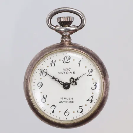 Fickur s.k. mormorsur Glycine Ø29mm, manuell uppdragning, 15 Rubis, slitage, troligen silver men otydliga stämplar 