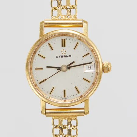 Damur, Eterna, 18K, Ø22mm, nr: 4700.28, quartz, defekt, lös krona, X-länkarmband, 18K, längd: ca.17cm, bredd: 7,5mm,  bruttovikt 18,4g. 