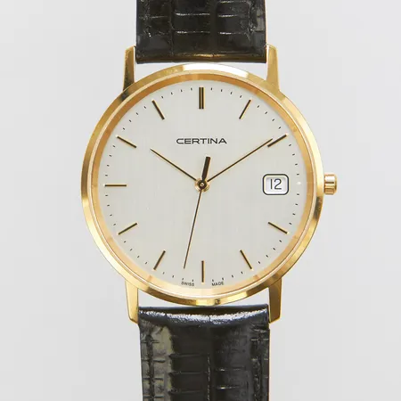 Herrur Certina, 18K, quartz, ref: EOL 158 9289 68, gravyr, datum, batteribyte, läderband, etui