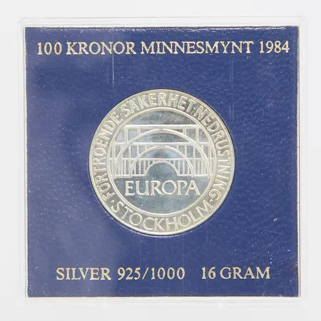 Minnesmynt, Ø32mm, Förtroende Säkerhet Nedrustning, Stockholm Europa, Sverige 1984, nominellt värde 100kr, silver 925/1000, plastetui Vikt: 15,7 g