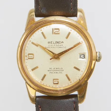 Herrur Belinda Calendar, stål, automatisk, 34mm, Cal. Felsa 4002, boettnr: 235179, skadad urtavla, repigt glas, skadad krona, läderband samt bygelspänne ej original, inga tillbehör.