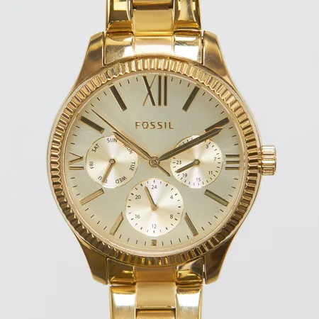 Damur, Fossil, Ø36mm, gulddoublé på rostfritt stål, quartz, dag, datum, 24hr-visning, ref:BQ3692, snr: 4002208, länk i gulddoublé på rostfritt stål, plåtbox medföljer