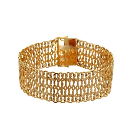 Armband, 18K guld, kraftigare modell, Wima Hellströmer & Sahlgren Guld (VHS), Stockholm, svensk kontrollstämpel, längd knäppt 20,0 cm, bredd 21,5 mm, uppbyggnad 1,7 mm, fint skick Vikt: 47,7 g