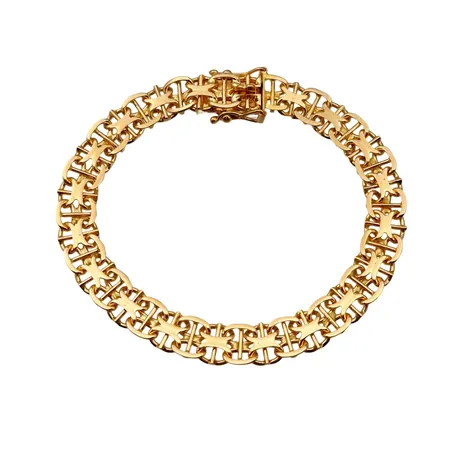 Armband X-länk med stav, 18K guld, Ge-Kå-Smycke (GK), Stockholm, svensk kontrollstämpel, längd knäppt 18,5 cm, bredd 8 mm, uppbyggnad 2 mm, fint skick Vikt: 17,2 g