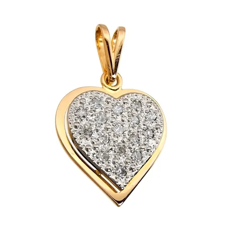 Hänge Hjärta, 18K guld, Diamanter 16 x 0,005ct, Guldfynd (GFAB), svensk kontrollstämpel, längd inkl. ögla 23 mm, bredd 14 mm, mycket fint skick Vikt: 2,2 g