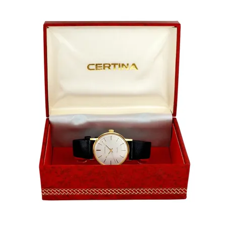 Herrur Certina New Art, 18K guld, Ø34 mm, manuell, boettnummer 441.3810.68, gravyr "För nit och redlighet...", från 1982, universal skinnband, originalbox, fint skick,