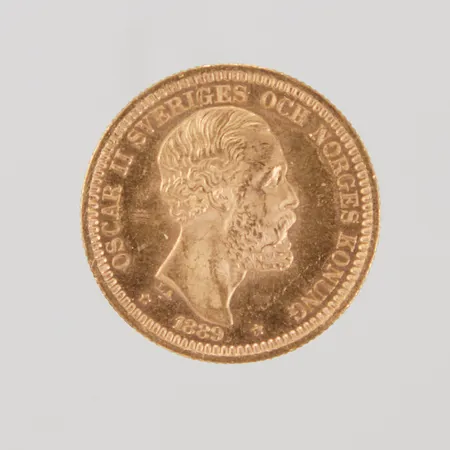 Mynt, Ø23mm, 20 Kronor, Oscar II, Sveriges och Norges Konung, 1889, 21,6K Vikt: 9 g