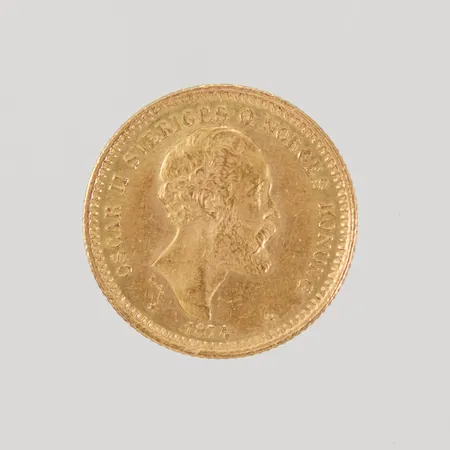 Guldmynt Sverige, 10 Kronor Oscar II 1874, Ø18 mm, 21,6K Vikt: 4,5 g