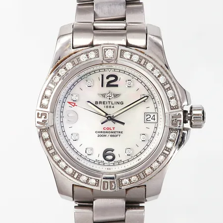 Damur Breitling Colt chronometer, Ø 36mm, quartz, ref.nr: A74389, serie.nr: 1539832, stål, länkens innermått: 16cm, bredd:16-17mm, pärlemor i urtavla, diamantkrans 29xca0,02ct, inga tillbehör