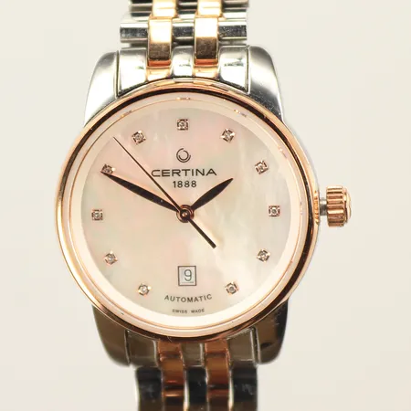 Damur Certina DS Podium Lady automatic, urtavla pärlemor med diamanter på index, open back, boett Ø 29mm, #C00 1007 A. länk tvåfärgad, omkrets handled ca 17cm, certifikat, box. 