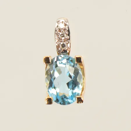 Hänge med ljusblå sten och diamanter 3 x ca 0,01ct, längd ca 14mm, bredd 2-7mm, 18K, bruttovikt 1,2g 