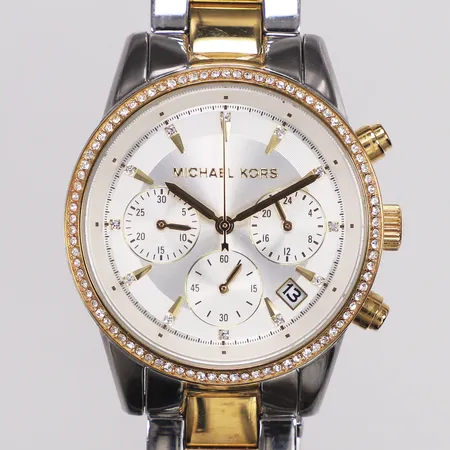 Armbandsur, Michael Kors, quartz, kronograf, vita stenar, Ø33mm, MK-6474, serienr 742311, stål, gulmetall, manual, box