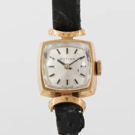 Damur Rutina, fungerar ej, ca 16x16 mm, defekt läderarmband, 18k.