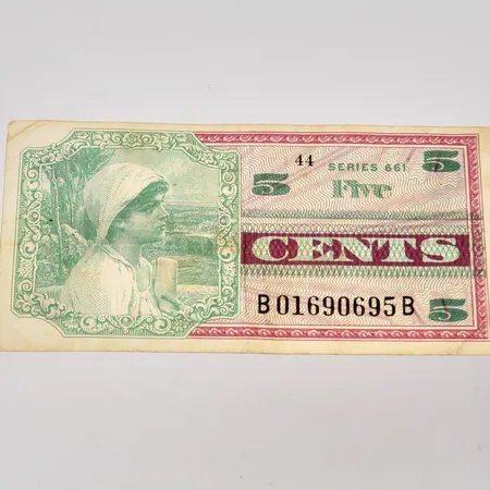 Amerikansk sedel, 5 cents, 1968, Military Payment Certificate. 