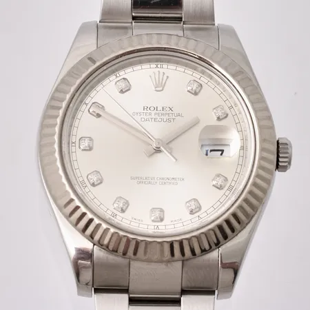 Herrur Rolex Oyster Perpetual Datejust II, stål, automat, ref-nr:116334, serie-nr:V874026, Ø41mm, datum, diamantindex, vitguldsring, Oysterlänk, viklås, 1st extra länkbit, manual, certifikat från Badort Neuss år 2010, box, inköpt begagnad från Uret vintage år 2021 enligt kvitto Vikt: 0 g
