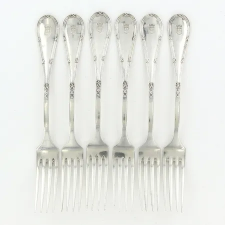 6 matgafflar, modell Rosett, CG Hallberg, ca 21,5 cm, emblemgravyr, 830/1000 Silver Vikt: 405 g