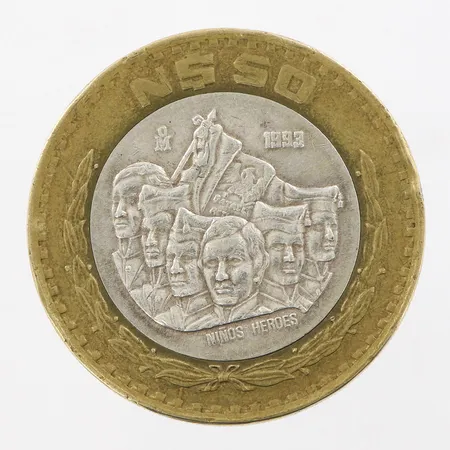 Mynt 50 Pesos Mexico, 39mm, bimetall, ytterring i mässing, mittendel av silver 925/1000,  Vikt: 34,1 g
