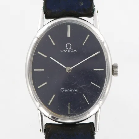 Armbandsur Omega Genéve, Ø26mm, stål, manuell, cal: 620, Boettnr: 411.416, verknr: 34423574, blått läderband med slitage/fläckar ej original, repigt plexiglas 