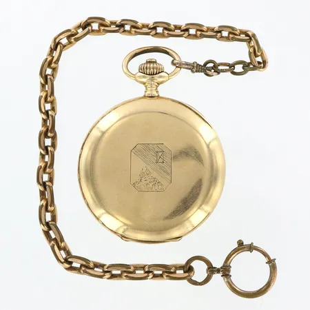 Fickur, Savonette,  fram- och bakboett i guld, innerboett i metall, monogramgravyr samt vapensköld, klockkedja i metall, bruttovikt 127,3 gram, 14K  