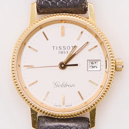 Damur Tissot Goldrun 18K, 24mm, quartz, går ej, graverad, läderband.