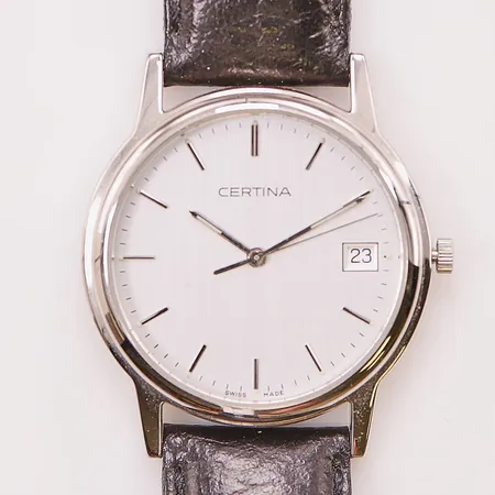 Herrur Certina, 34mm, stål, quartz, läderband, fungerar.